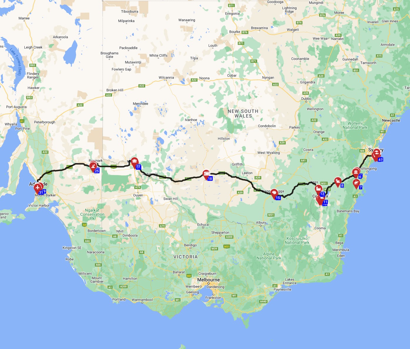 Map for Sydney to Adelaide - the Outback and Blue Mountains